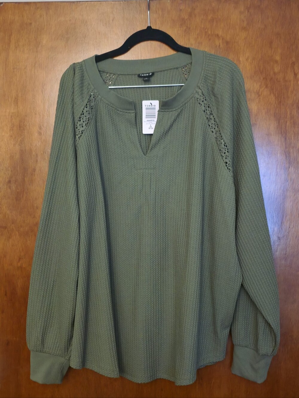 torrid Olive Green Long Sleeve Waffle Knit Top with Lace Insets